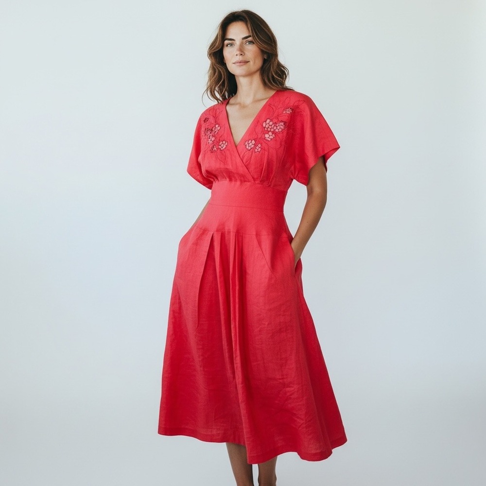 Vintage 80s Ann Tjian for Kenar 2 Red Linen Floral Cutout Midi Dress Size S